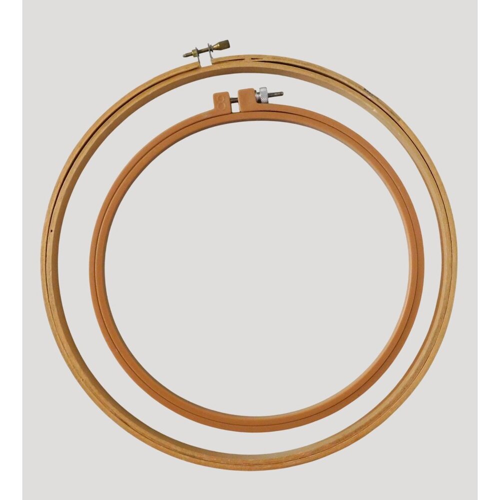 2 Embroidery Hoops Round Plastic 8 Inch Wood 10 Inch Screw Closure Needlework